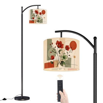  Arc Floor Lamp Abstract Floral Red Green Blooms Geometric Tall Modern Standing Lamp LED Adjustable Linen Lampshade 3 Color Temperatures