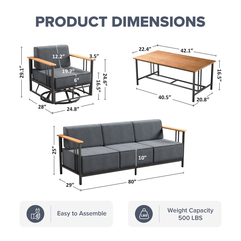 4-Piece Wicker Patio Set With Sofa, 2 Swivel Rockers & Coffee Table, Grey, Black
