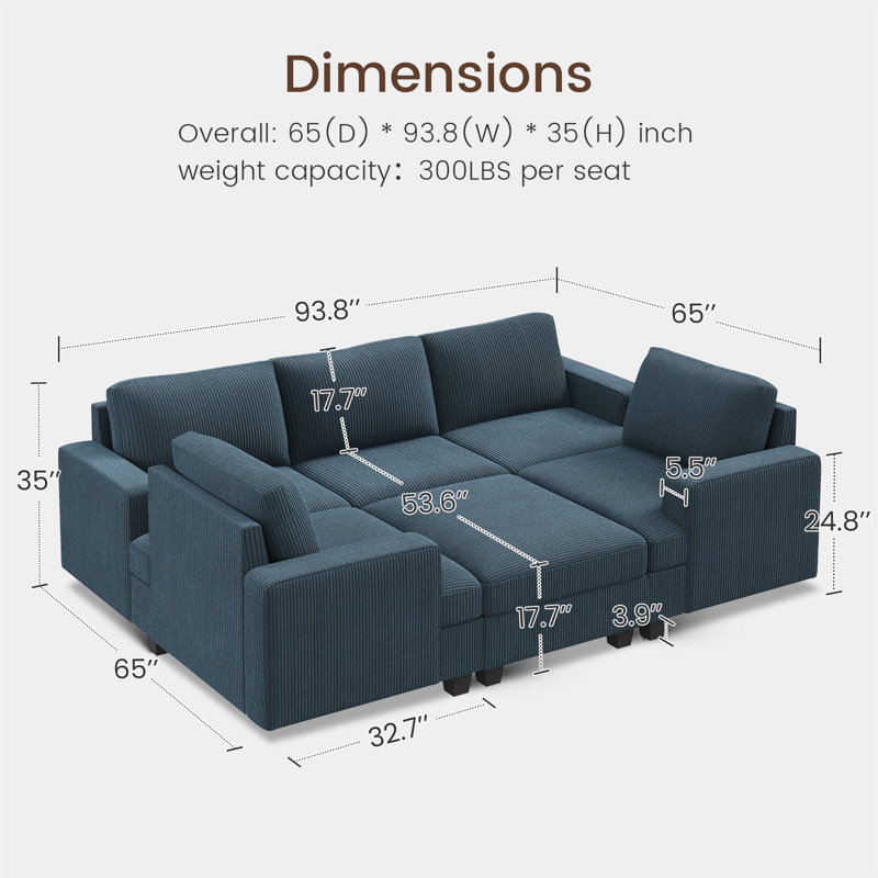 Canapé-lit modulaire en U avec espace de rangement Anureet, Velours côtelé bleu, Non, H 35 po x l 93,38 po x P 65 po