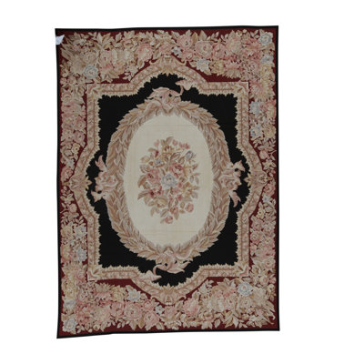 Tapis noir et rose noué à la main de haute qualité
