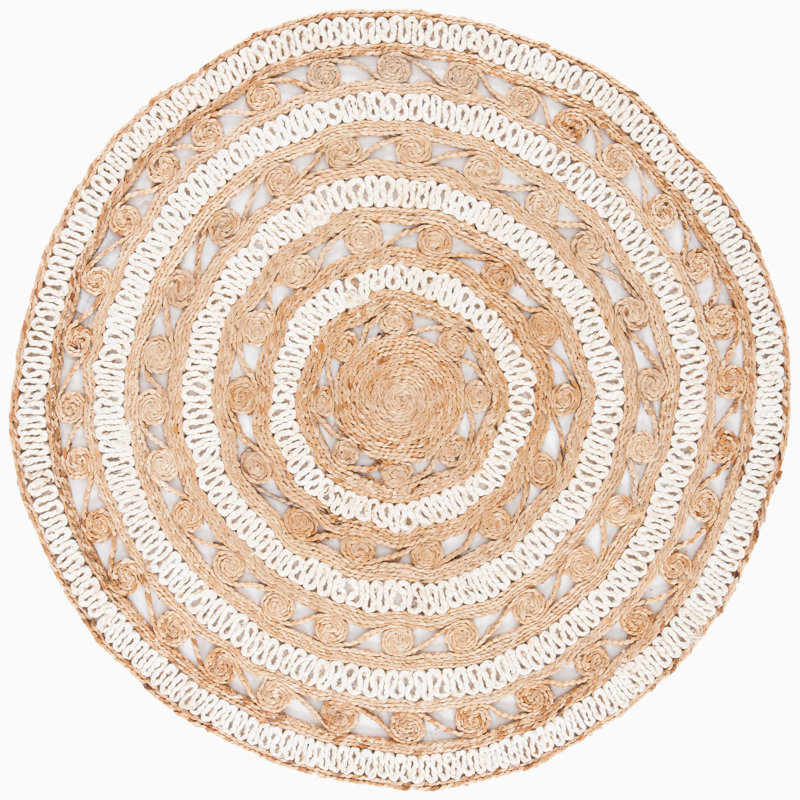 Tapis blanc / naturel en jute / sisal tissé à la main à plat, Rond 10 pi
