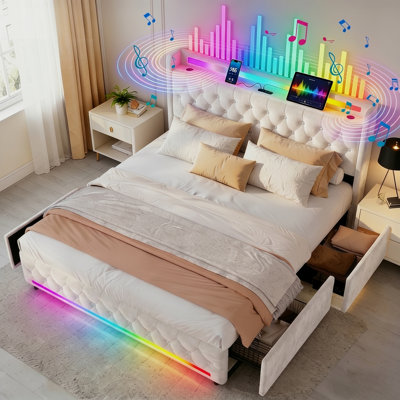 Bioever Upholstered Bed Frame Queen with Bluetooth Speaker LED Light Strip Fast Charging Ports 4 Storage Drawers Noise Free Beige Velvet