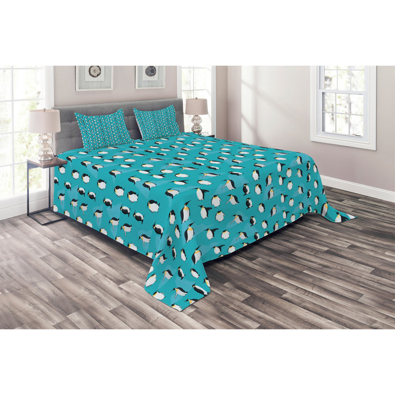 Penguins Eclectic Polyester Coverlet, King Bedspread + 2 Shams, Teal/Black