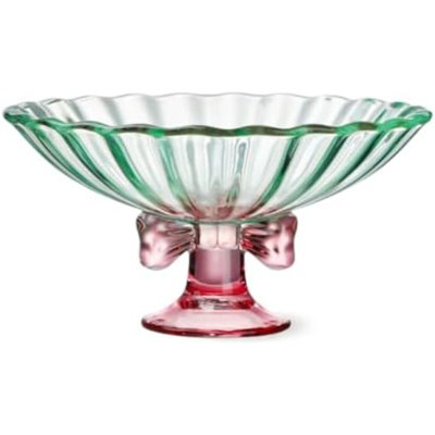 Glass Fruit Bowl. 9 inch Glass Pedestal Bowl. Elegant Bow Decoration Multicolor Salad Plate. Suitable for Fruit, Dessert, Candy, Snack & More. (Purple)