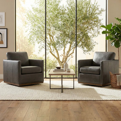 Bobbi Upholstered Top Grain Genuine Leather Upholstered Swivel Armchair (Set Of 2)