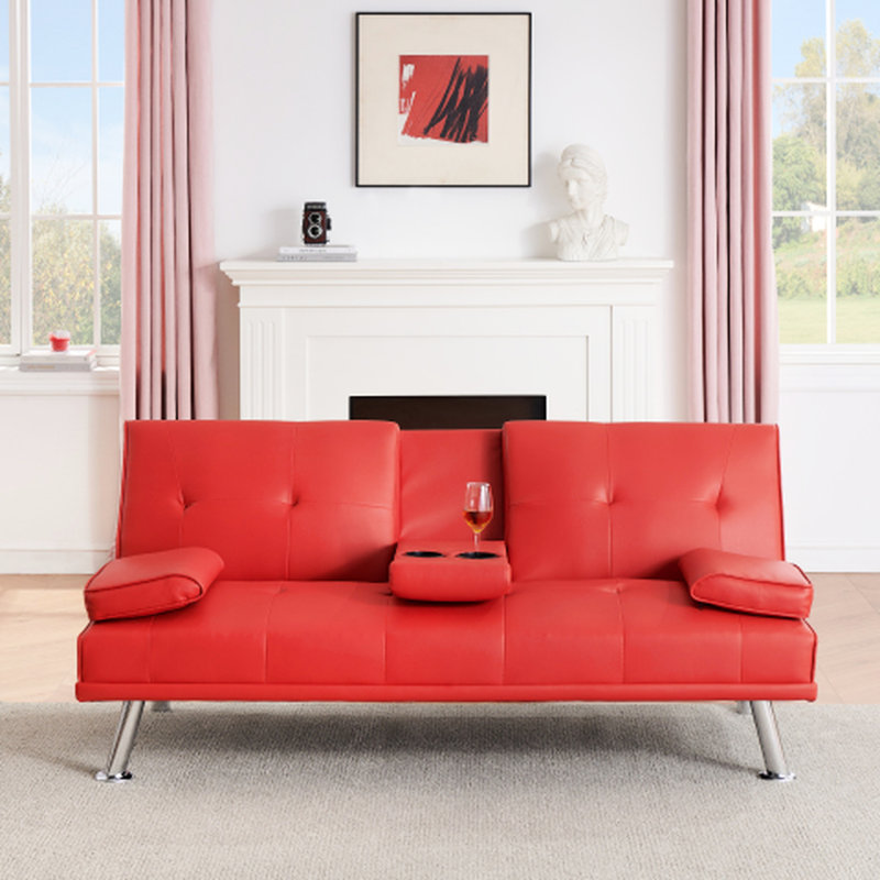 Lit rouge de 67 pouces avec un design multifonctionnel pour les espaces de vie, dossier réglable au lit, 3 réglages de confort, revêtement en cuir PU, bureau facile à installer