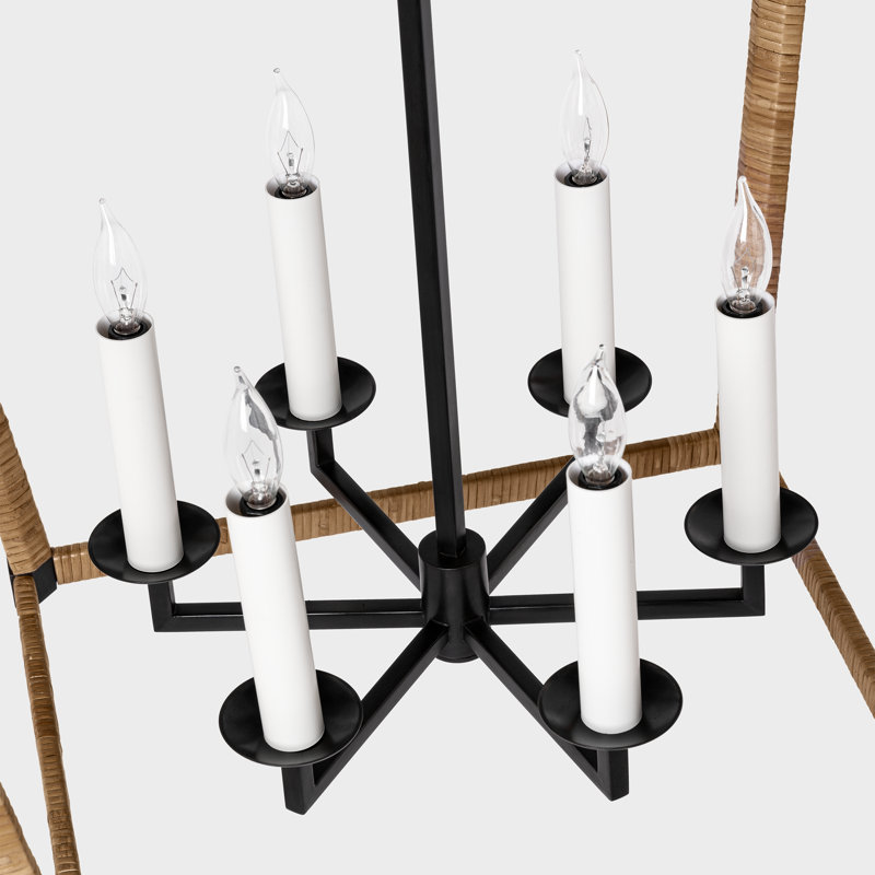 Darlana 6 - Light Chandelier, Antique-Burnished Brass/Natural Rattan, 34.25" H x 24" W x 24" D