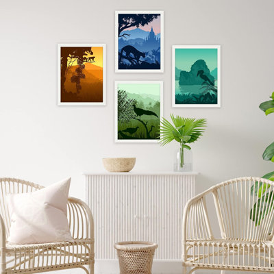 " Framed Tropical Jungle Forest Set of 4 Silhouette Landscapes Wall Decor Prints " 4 Piece Art Graphic Art Print