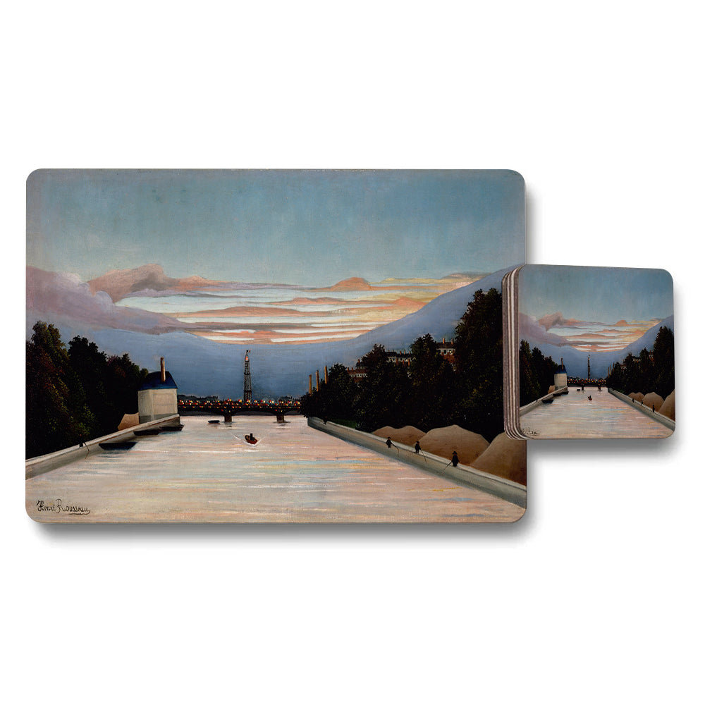 River Landscape Placemats And Coasters Set Featuring Sunset View