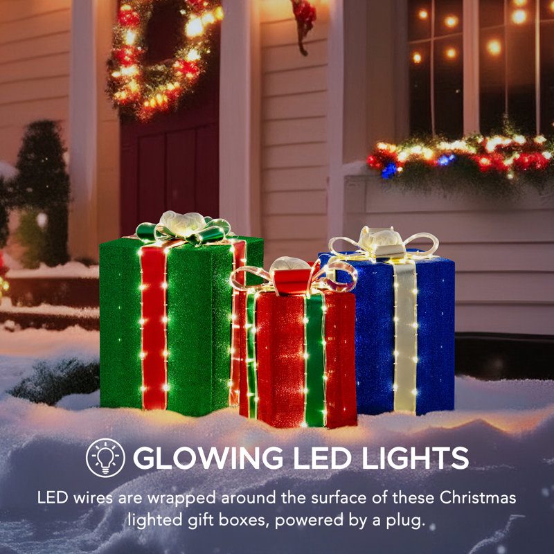 Festive 3-Piece Lighted Christmas Gift Box Set for Indoor/Outdoor
