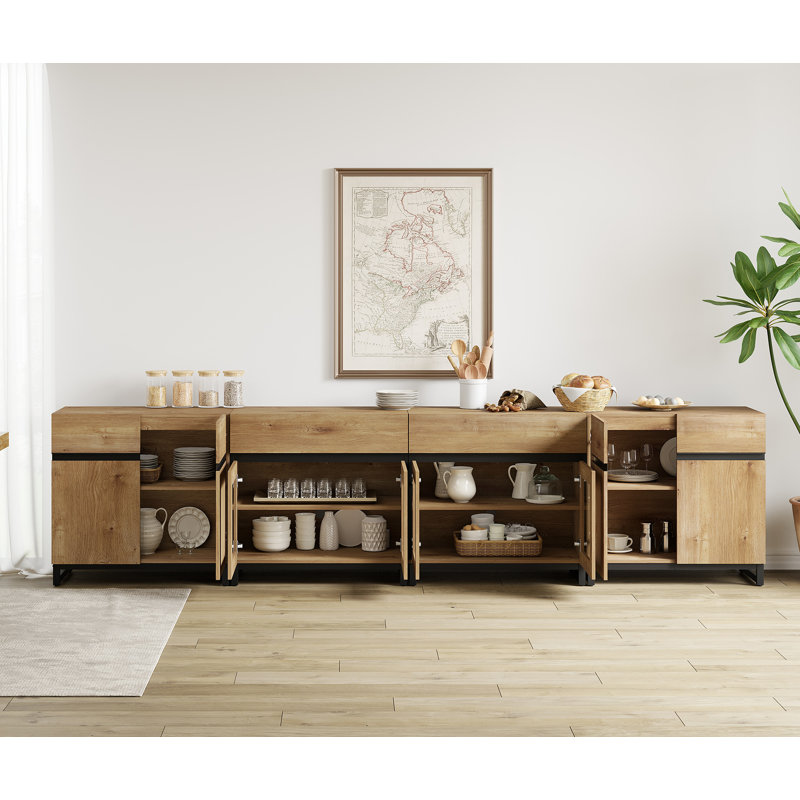 4 In 1 Sideboard Buffet Cabinets With Glass Doors And 2 Drawers, Modern Sideboard Credenza With Adjustable Shelf And Metal Base, Coffee Bar Cabinet Storage Cabinet