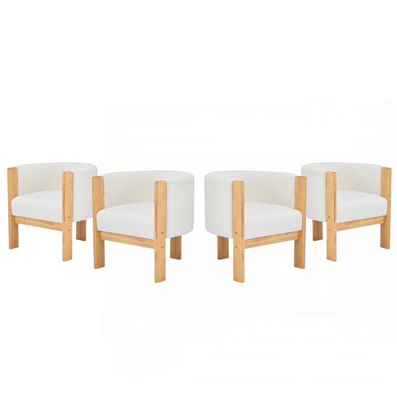 Ensemble de 4 fauteuils rembourrés en bois d'hévéa naturel et revêtement en boucle blanche douce, supportant jusqu'à 102 kg (225 lb), style moderne, idéal pour la salle à manger.