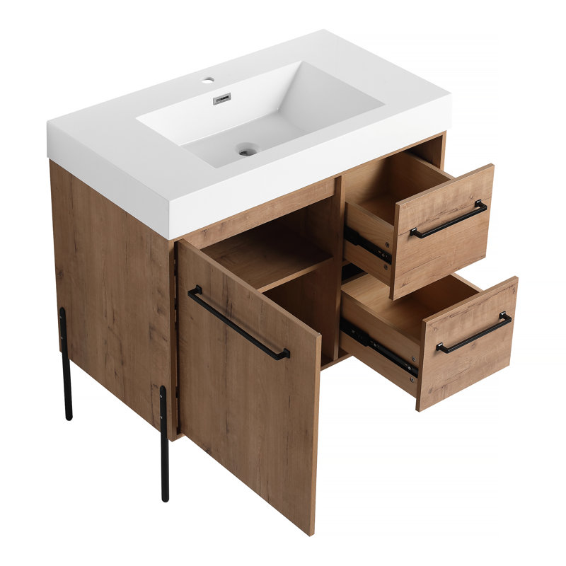Meuble-lavabo sur pied 36 po avec lavabo en résine blanche et porte d'armoire à fermeture douce et 2 tiroirs ((KD-PACKING)