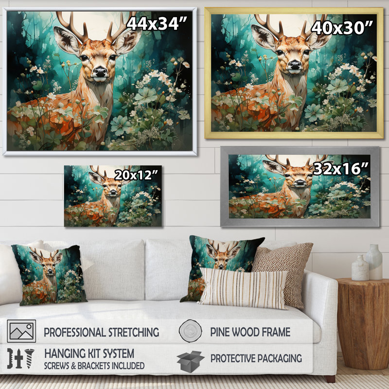 Deer Emerald Grace II - reproduction d'art sur toile, H 34 po x l 44 po x P 1,5 po, Cadre simple blanc