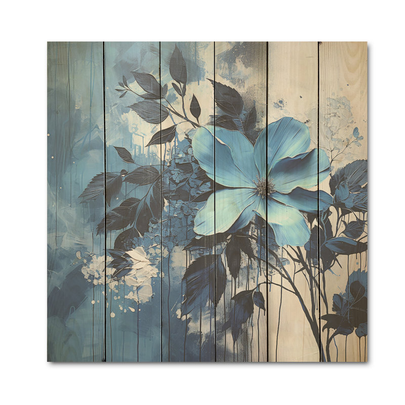 Art bleu minimaliste des fleurs - Art sur bois de pin naturel, H 36 po x l 36 po
