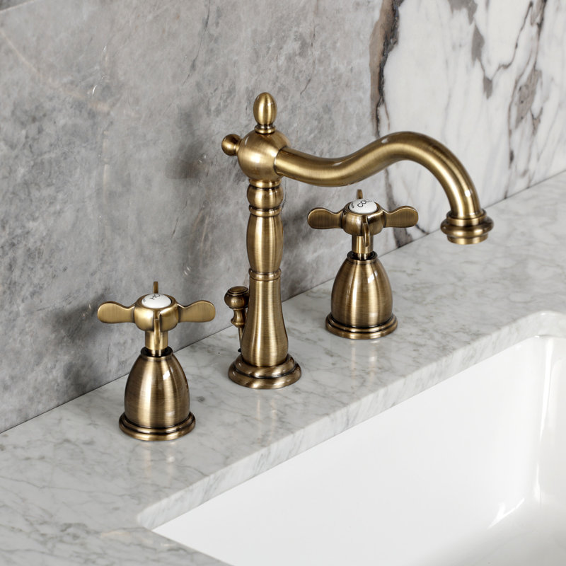 Kingston Brass Essex Two-Handle 3-Hole Deck Mount Widespread Bathroom Faucet with Pop-Up Drain, Antique Brass