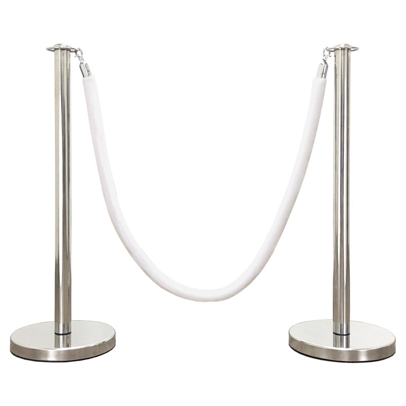VIP Crowd Control Rope Stanchion (2 Mirror Flat Top/Flat Base + 6' Rope), Mirror/White