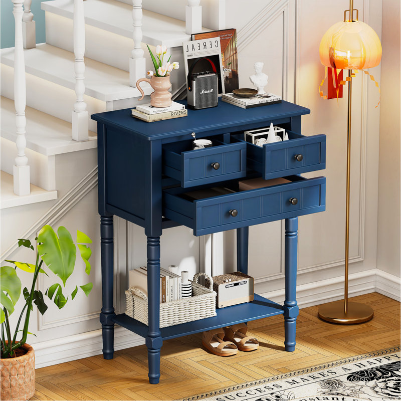 Console étroite, canapé mince avec trois tiroirs de rangement et tablette inférieure (bleu marine), Navy