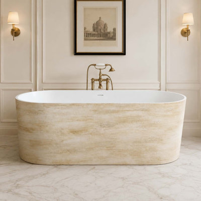 63" Solid-surface Freestanding Tub — Matte White Interior Wood-tone Exterior With Recessed Dimple Texture