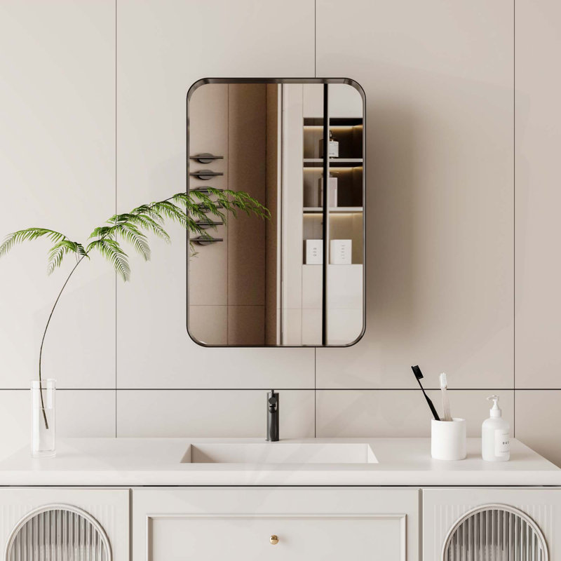 Armoire de salle de bain polyvalente avec cadre en métal avec miroir et tablettes réglables pour le rangement, Noir mat