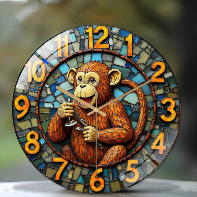 Horloge murale mignonne singe avec art en verre coloré - horloge murale moderne en verre 12 po