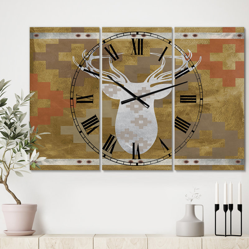 Patterned White Deer Head - Oversized Traditional 3 Panels Wall Clock