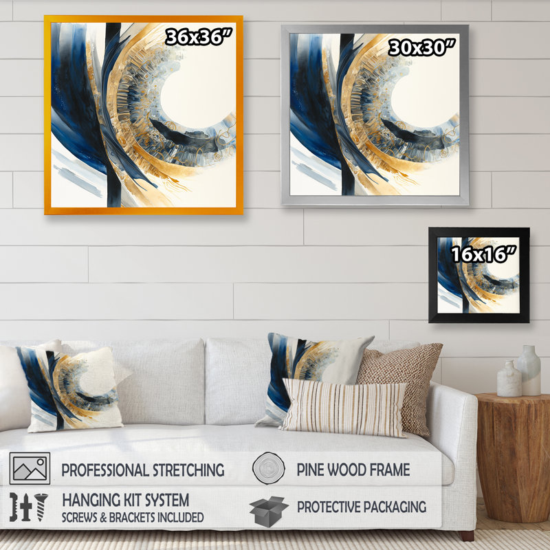 «Blue and Gold Swirl Abstract IV», impression sur toile, Encadrement doré, H 16 po x l 16 po x P 1 po