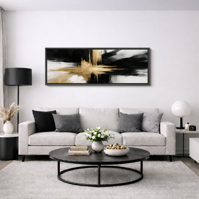 Black Gold Abstract Line Artwork, Modern Living Room Pictures, Framed Canvas Giclee Print Wall Art