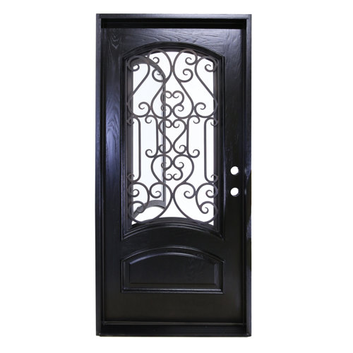 Austin Exterior Double Front Entry Door Wrought Iron With Operable Tempered Rain Glass Inside Swing Dark Bronze Finish (62 By 82 Right Hinge Active
