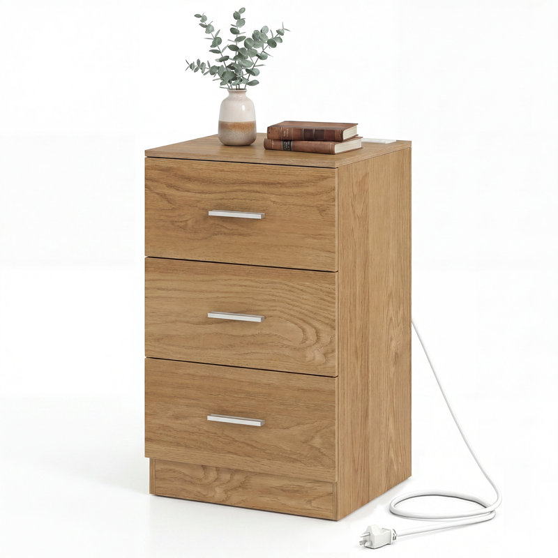 Table de chevet 1/2 PCS avec station de recharge et 3 tiroirs, noir/naturel/blanc, Natural, 1