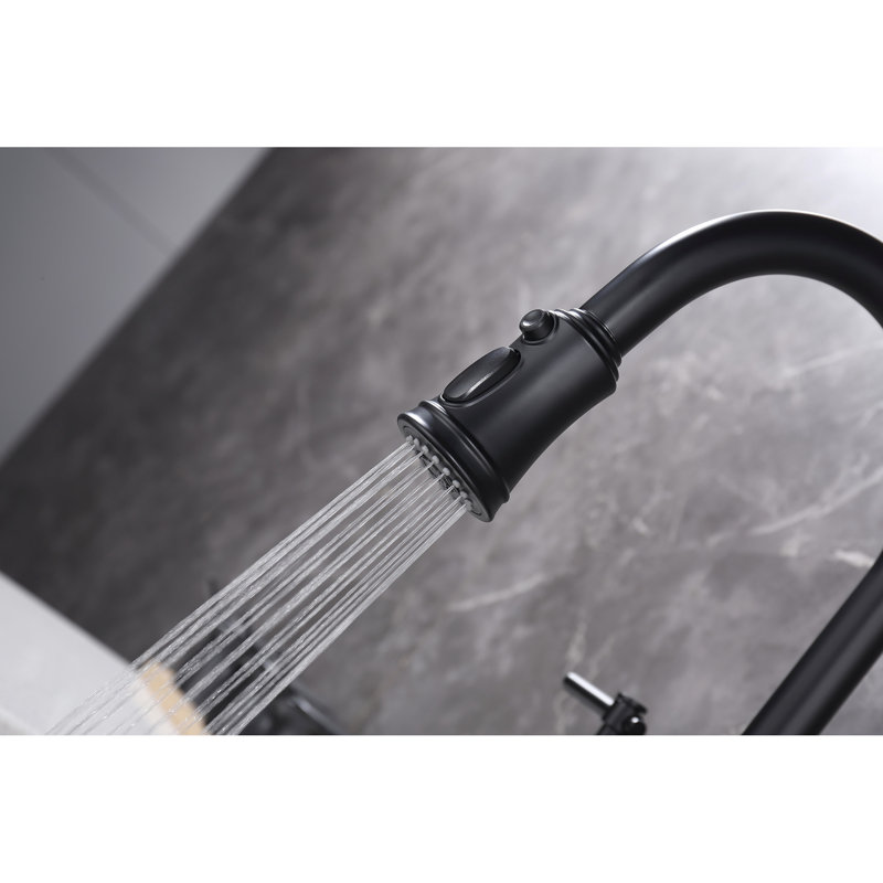 Matte Black Bridge Style Kitchen Faucet - Pull-Down Spray, Fine Flow & Temperature Control, 360-Degree Rotating Spout, Brass With Function Dual Handle For Nozzle, Strong