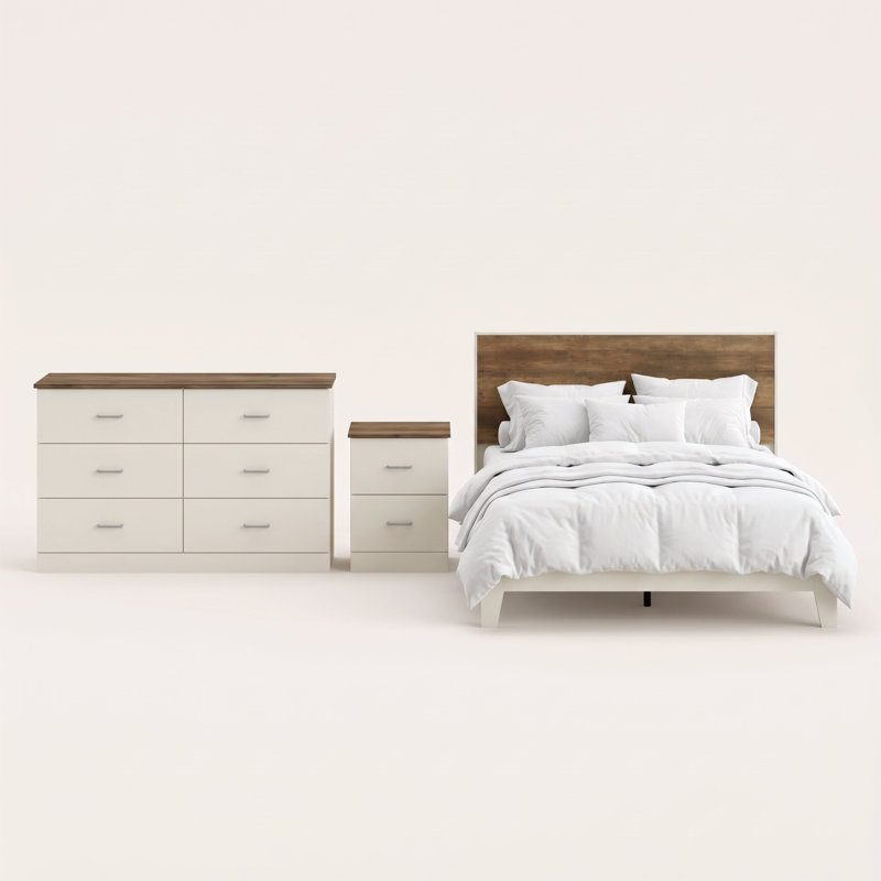 Ensemble de chambre à coucher moderne 3 pièces Allyannah, Chêne noueux/Ivoire, Grand