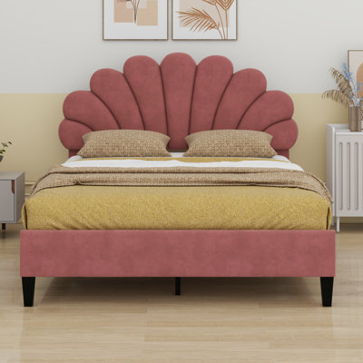 Upholstered Platform Bed With Flower Pattern Headboard