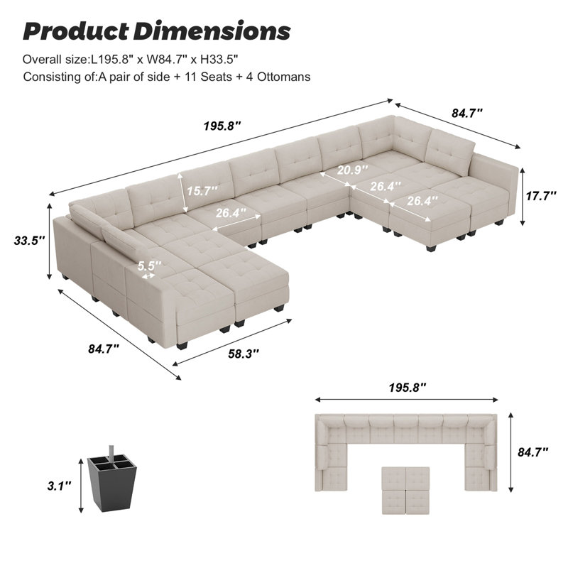 Canapé modulaire rembourré 16 pièces Soneson, Velours beige