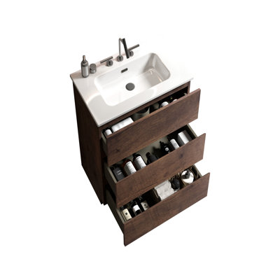Lavabo de salle de bain autoportant en noyer de 24 po - Acquérez un espace de rangement spacieux et un meuble-lavabo silencieux fonctionnant silencieusement
