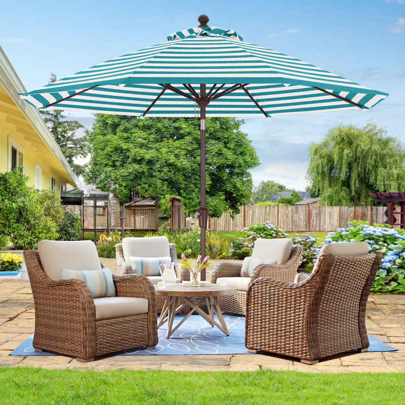 Parasol de marché en oléfine de 2,74 m (9 pi) avec inclinaison et levage à manivelle, Rayures lagon