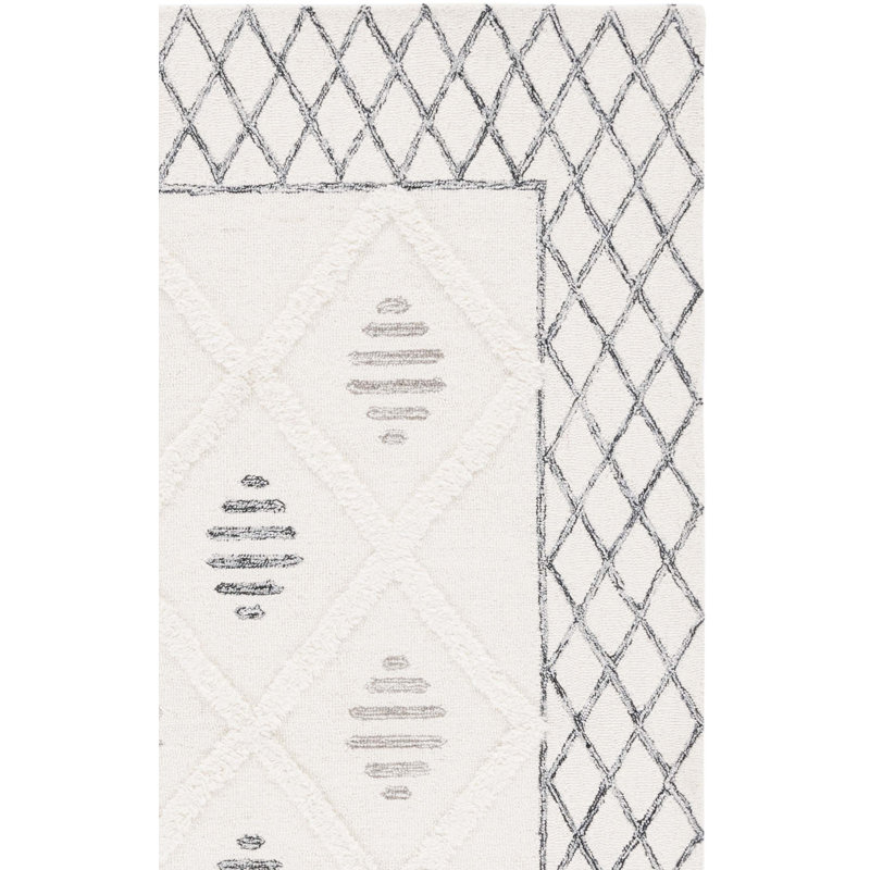 Tapis noir / ivoire en laine / coton touffeté à la main Anaia, Tapis de couloir 2 pi 3 po x 8 pi