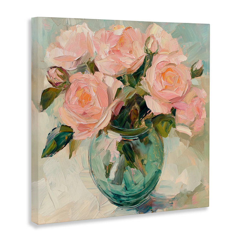 Roses roses dans un vase en toile verte, design par Gina Kelly, H 24 po x l 24 po