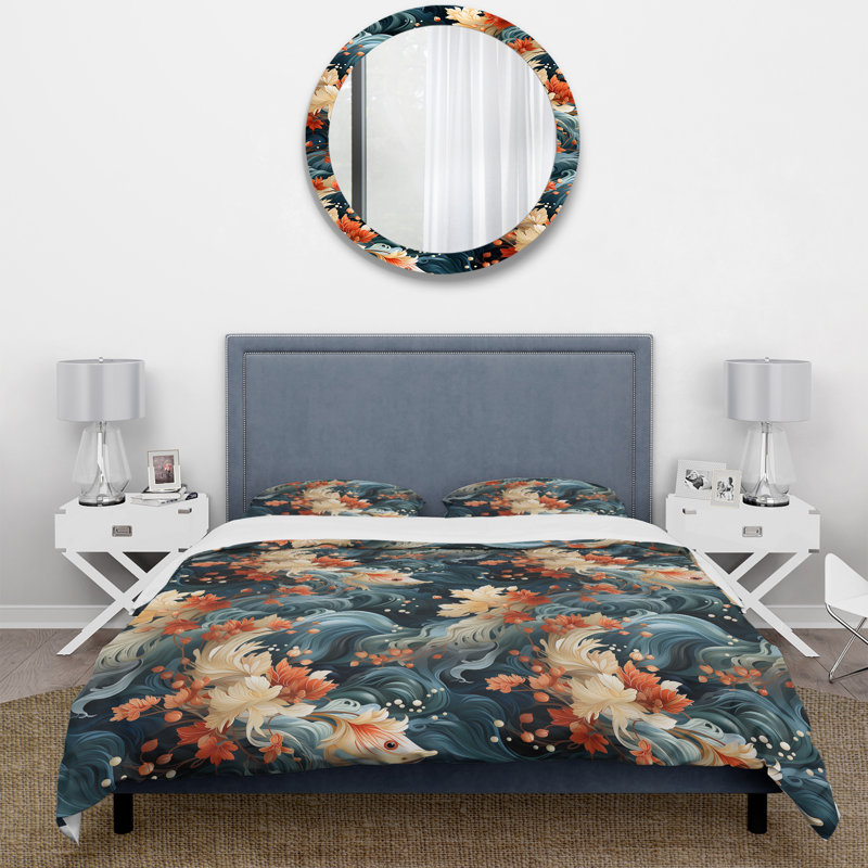 Ensemble de housse de couette Waves And Flowers, Housse de couette pour grand lit et 2 taies décor