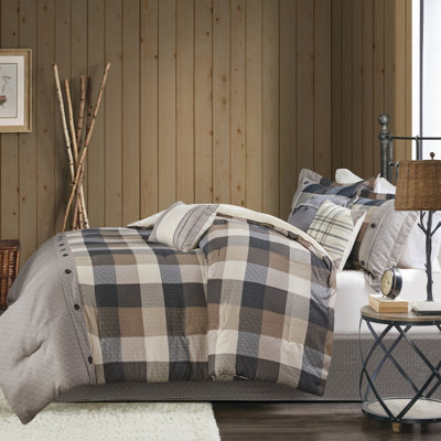 Édredon 7 pièces à chevrons très grand, tissu écossais multicolore Buffalo, rembourrage, 2 taies décoratives, 3 coussins décoratifs, jupe de lit style chalet, jupe, lavage en machine