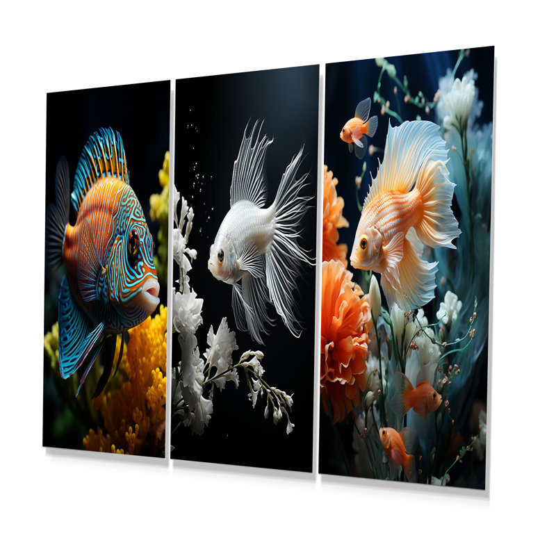 Corail, papillon, aigue-marine, aventure, ensemble de 3 reproductions d'art en métal, H 28 po x l 36 po