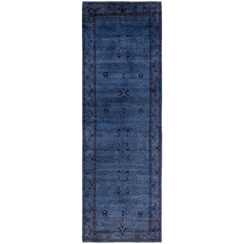 Tapis de couloir noué à la main de conception unique Rachal - bleu, 4 pi 1 po x 12 pi 7 po