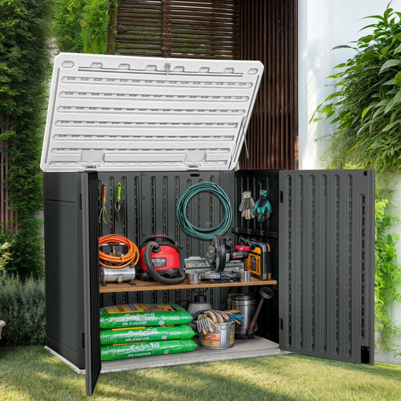 Outdoor Polyethylene Plastic Horizontal Storage Shed, White/Black, 46.30" H x 53.20" W x 33.20" D 