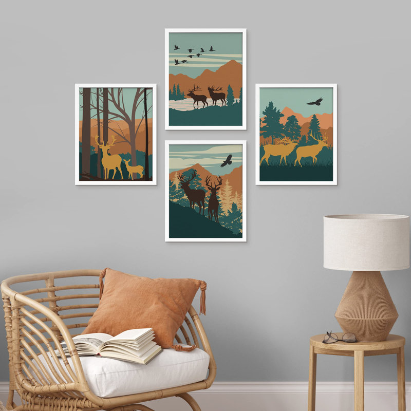 «Mountain Deer Forest», reproduction encadrée sur papier 4 pièces, H 10 po x l 8 po, Blanc