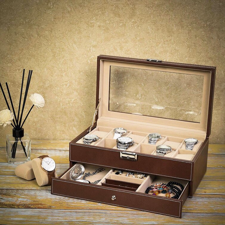 Valet Jewelry Box - Holds 6 Watches, 12 Cufflinks, 2 Sunglasses, Drawer & Tray Storage