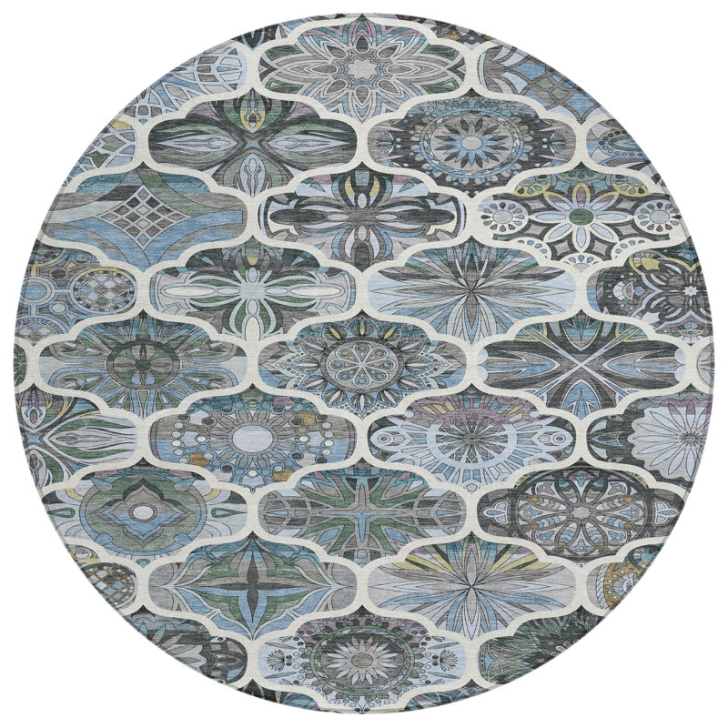 Machine Washable Indoor/Outdoor London ACN2257 Panels Rug, Round 8'