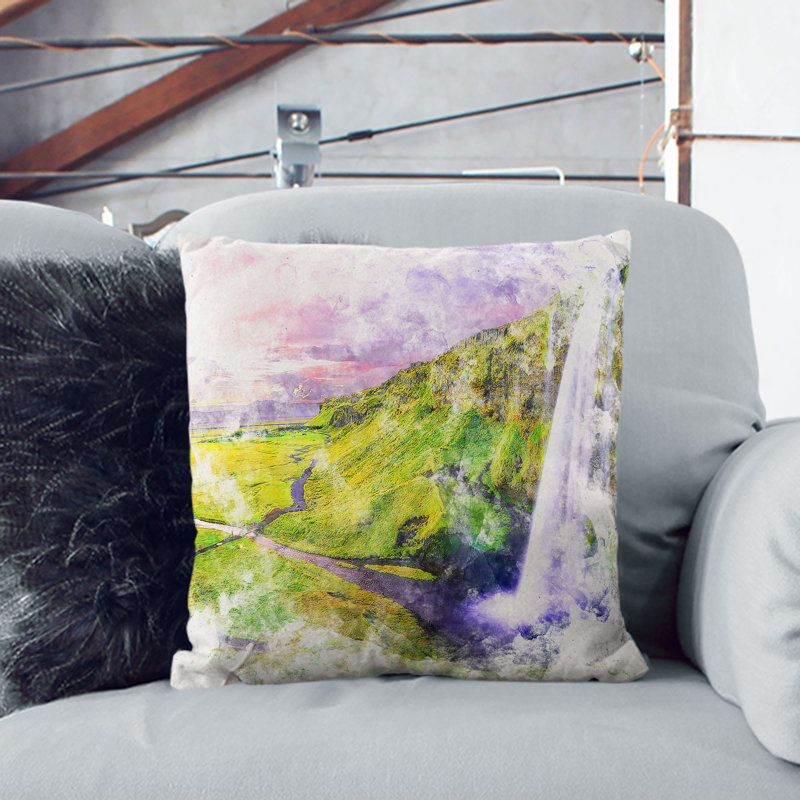 Seljalandsfoss Waterfall Iceland Cushion with Filling, Black, 55cm H x 55cm W x 20cm D