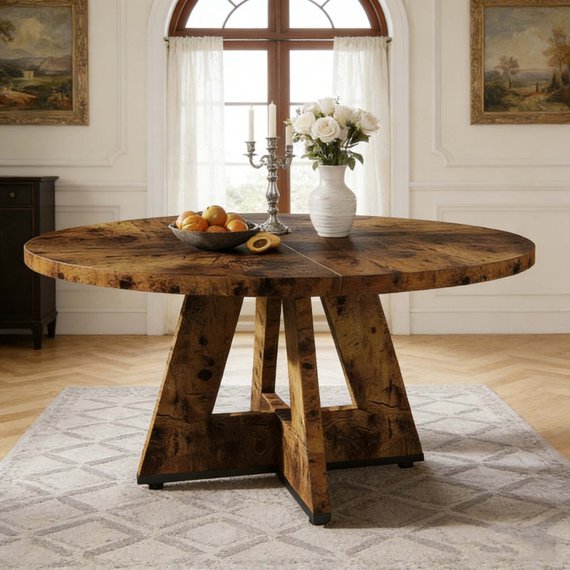 Wooden Round Farmhouse Kitchen Dinner Table for 4, Rustic Brown