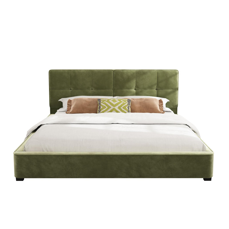 Très grande base de lit en velours, lit plateforme tapissier avec tête de lit capitonnée incurvée, coins carrés doux, vert olive