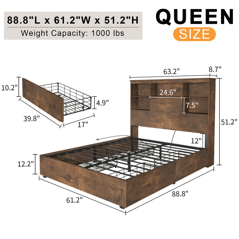 Wooden Storage Bed Frame With Led Bookcase Headboard, Rustic Brown, Queen